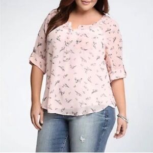 TORRID Blush Pink Bird Print Button Harper Novelty Top Blouse